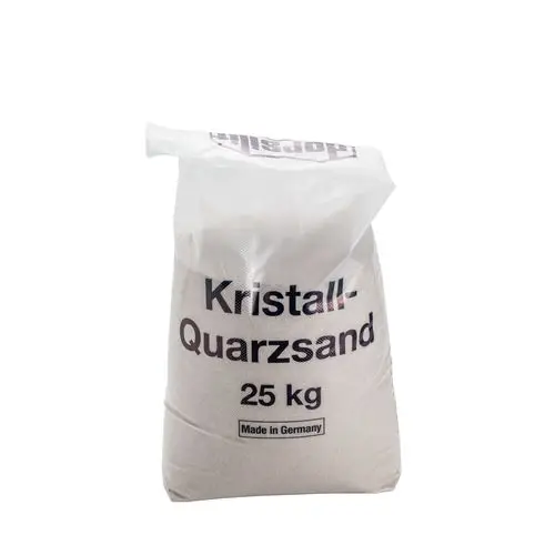 Sack mit Quarzsand, beschriftet mit "Kristall-Quarzsand", 25 kg, hergestellt in Deutschland. BWT-Marke auf dem oberen Teil der Verpackung sichtbar.